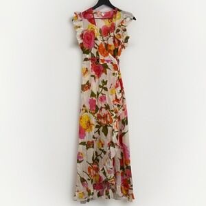 DEBBIE KATZ South Beach Maxi Wrap Dress XS Floral Ruffles 100% Cotton India Boho
